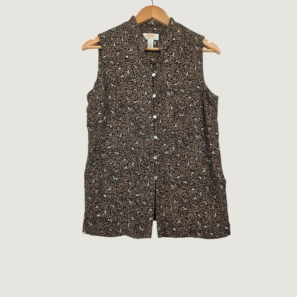 Talbots Petites Sleeveless Button Down Top Brown Floral Rayon Blouse Size 10P